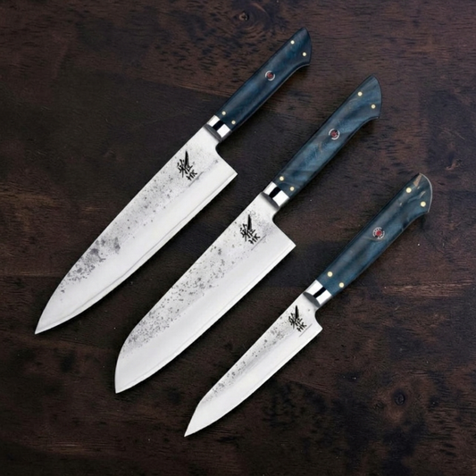 Knivsæt Blue Mizu | Urtekniv - Kokkekniv - Santoku